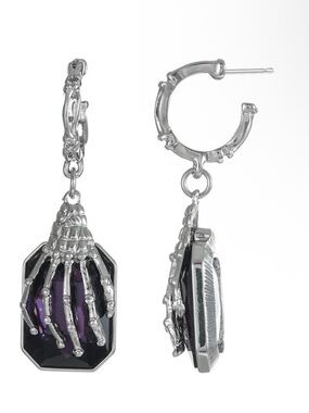Silver Tone Skeleton Hand Dangling Earrings with Dark Purple Stone